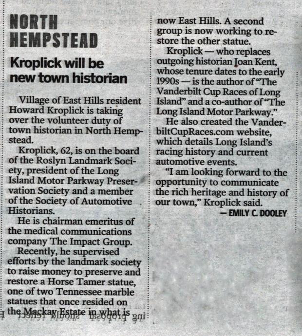 Newsday and Patch: Kroplick Appointed Town Historian