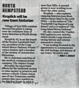 Newsday and Patch: Kroplick Appointed Town Historian