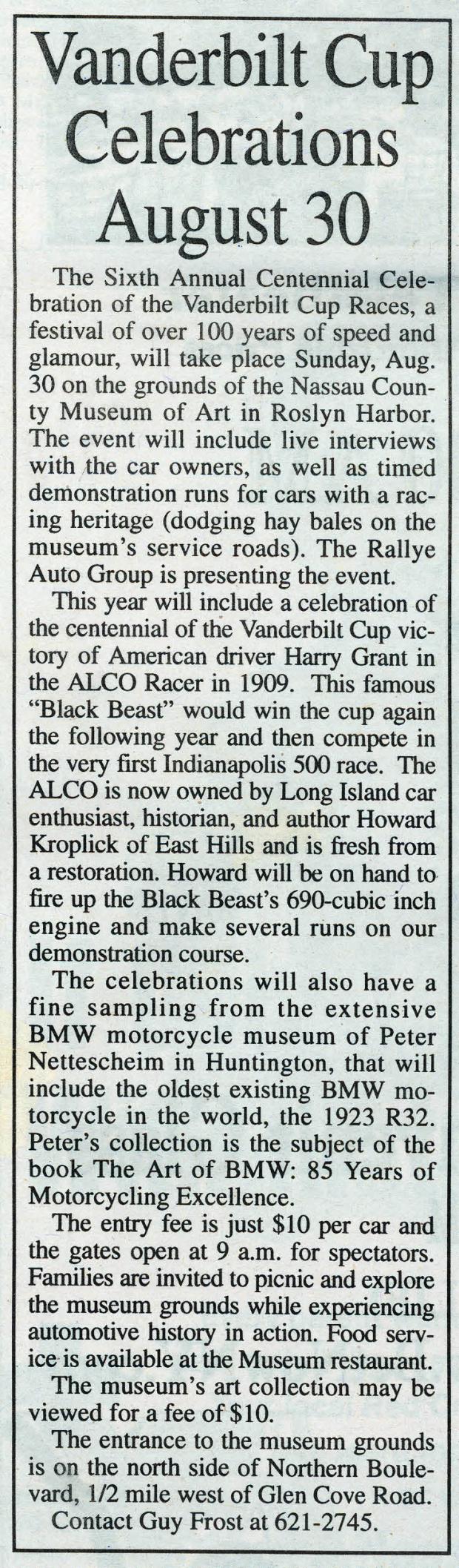 Roslyn News “Vanderbilt Cup Celebrations August 30”