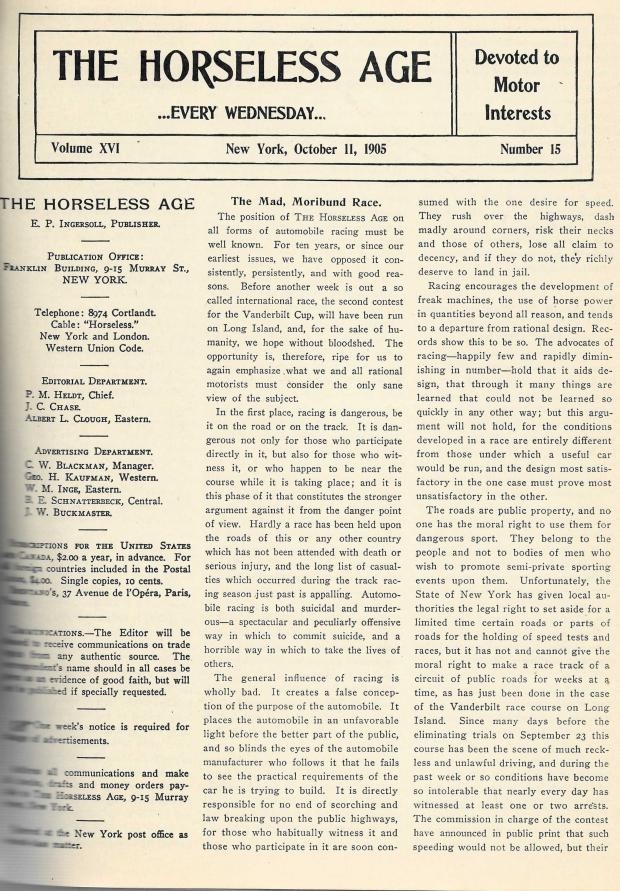 Greg O’s Garage; The Horseless Age’s dislike of auto racing