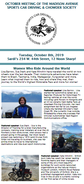 October Meeting of the Madison Avenue Sports Car Driving & Chowder Society, NYC, NY