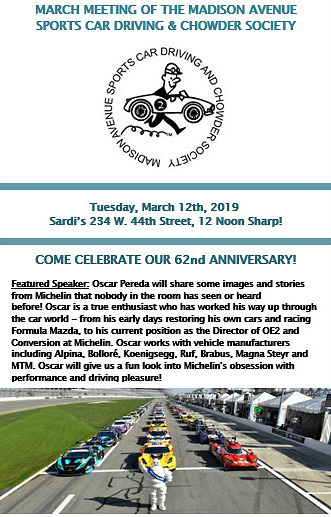 March Meeting of the Madison Avenue Sports Car Driving & Chowder Society, NYC, NY